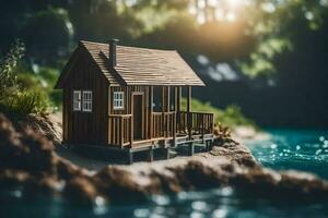 een miniatuur houten huis Aan een klein eiland. ai-gegenereerd foto