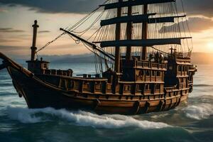 een houten schip in de oceaan Bij zonsondergang. ai-gegenereerd foto
