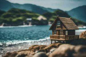 een miniatuur huis Aan de strand met bergen in de achtergrond. ai-gegenereerd foto