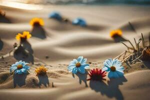 foto behang zand, bloemen, de strand, de zon, de zee, de zand, de. ai-gegenereerd