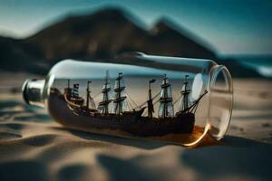 schip in een fles Aan zand. ai-gegenereerd foto