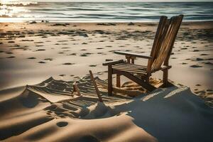 een stoel zit Aan de zand Bij zonsondergang. ai-gegenereerd foto