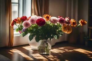 een vaas van bloemen zittend Aan een tafel in voorkant van een venster. ai-gegenereerd foto