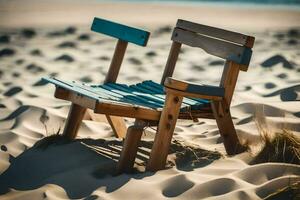 een houten stoel zit Aan de zand in de midden- van de oceaan. ai-gegenereerd foto