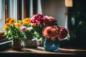 bloemen in vazen Aan een vensterbank. ai-gegenereerd foto