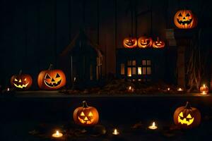 halloween pompoenen lit omhoog in de donker met kaarsen. ai-gegenereerd foto