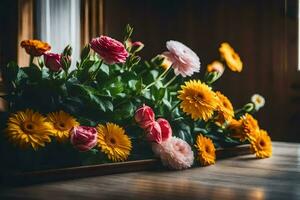 bloemen in een vaas Aan een tafel. ai-gegenereerd foto