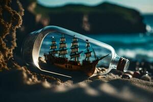 een schip in een fles Aan de strand. ai-gegenereerd foto