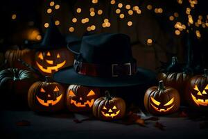 halloween pompoenen en een hoed met een heks. ai-gegenereerd foto