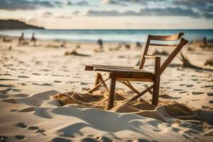 een stoel zit Aan de zand Bij de strand. ai-gegenereerd foto