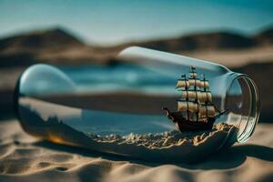een schip in een fles Aan de zand. ai-gegenereerd foto