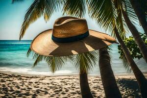 een hoed Aan de strand met palm bomen. ai-gegenereerd foto