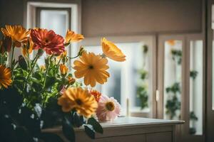 bloemen in een vaas Aan een tafel in voorkant van een venster. ai-gegenereerd foto