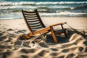 een houten stoel zit Aan de zand in de buurt de oceaan. ai-gegenereerd foto