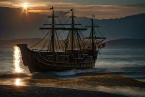 een houten schip in de oceaan Bij zonsondergang. ai-gegenereerd foto