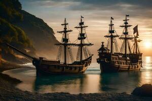 twee piraat schepen zijn aangemeerd in de oceaan Bij zonsondergang. ai-gegenereerd foto