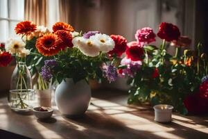 bloemen in vazen Aan een tafel. ai-gegenereerd foto