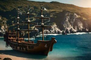 een piraat schip is Aan de strand in de buurt de oceaan. ai-gegenereerd foto