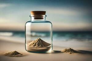 zand in een fles Aan de strand. ai-gegenereerd foto