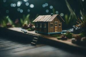 een miniatuur huis Aan een houten tafel met lichten. ai-gegenereerd foto