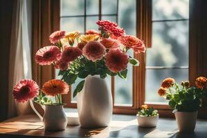 bloemen in vazen Aan een vensterbank. ai-gegenereerd foto