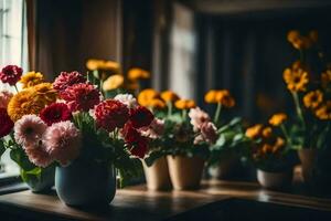 bloemen in vazen Aan een tafel in voorkant van een venster. ai-gegenereerd foto