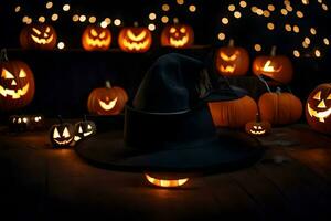 halloween pompoenen en een heks hoed Aan een tafel. ai-gegenereerd foto