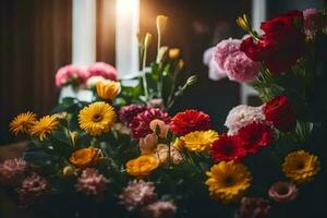 een boeket van bloemen in voorkant van een venster. ai-gegenereerd foto