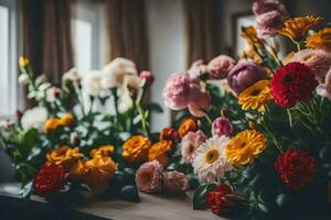 veel verschillend types van bloemen zijn geregeld Aan een tafel. ai-gegenereerd foto