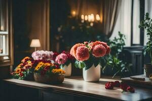 bloemen in vazen Aan een tafel in een kamer. ai-gegenereerd foto