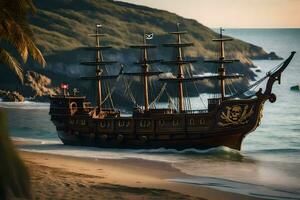 een piraat schip is Aan de strand in de buurt de oceaan. ai-gegenereerd foto
