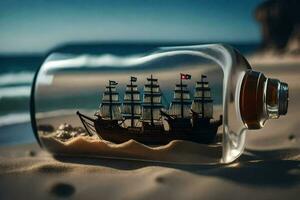 schip in een fles, zand, strand, zand, zand, strand, zand, strand,. ai-gegenereerd foto