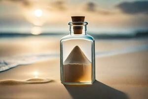 een fles met zand in het Aan de strand. ai-gegenereerd foto