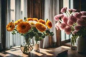 bloemen in vazen Aan een vensterbank. ai-gegenereerd foto