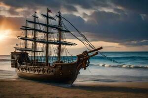 een houten schip Aan de strand Bij zonsondergang. ai-gegenereerd foto