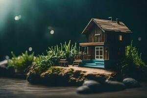 een miniatuur huis Aan een rots in de bossen. ai-gegenereerd foto