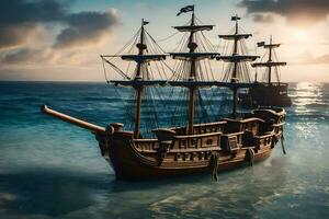 een piraat schip in de oceaan met een zon in de achtergrond. ai-gegenereerd foto