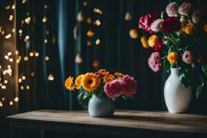 bloemen in vazen Aan een tafel in voorkant van een gordijn. ai-gegenereerd foto