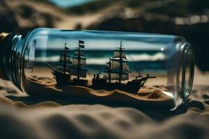 een fles met een schip binnen van het Aan de strand. ai-gegenereerd foto