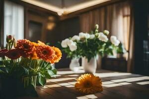 bloemen in een vaas Aan een tafel. ai-gegenereerd foto