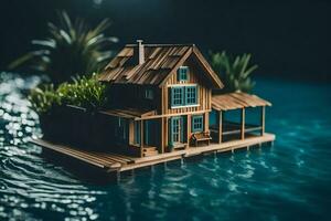 een miniatuur huis drijvend Aan de water. ai-gegenereerd foto