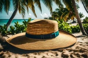 een hoed Aan de strand met palm bomen. ai-gegenereerd foto