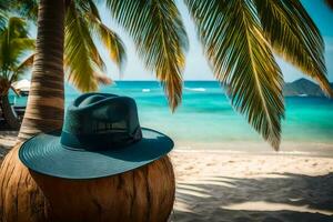 een hoed zit Aan een kokosnoot Aan de strand. ai-gegenereerd foto