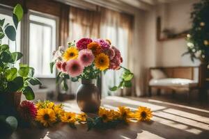 een vaas gevulde met bloemen zit Aan een houten vloer. ai-gegenereerd foto