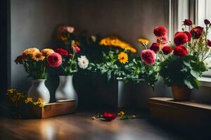 bloemen in vazen Aan een tafel in de buurt een venster. ai-gegenereerd foto