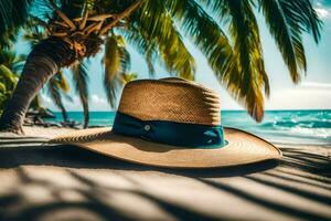 een hoed Aan de strand met palm bomen. ai-gegenereerd foto