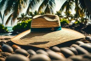 een hoed Aan de strand met rotsen en palm bomen. ai-gegenereerd foto