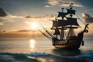 een piraat schip het zeilen in de oceaan Bij zonsondergang. ai-gegenereerd foto