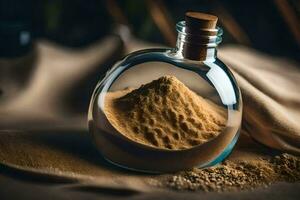 een fles gevulde met zand en zand. ai-gegenereerd foto