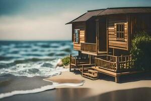 een miniatuur houten huis Aan de strand. ai-gegenereerd foto